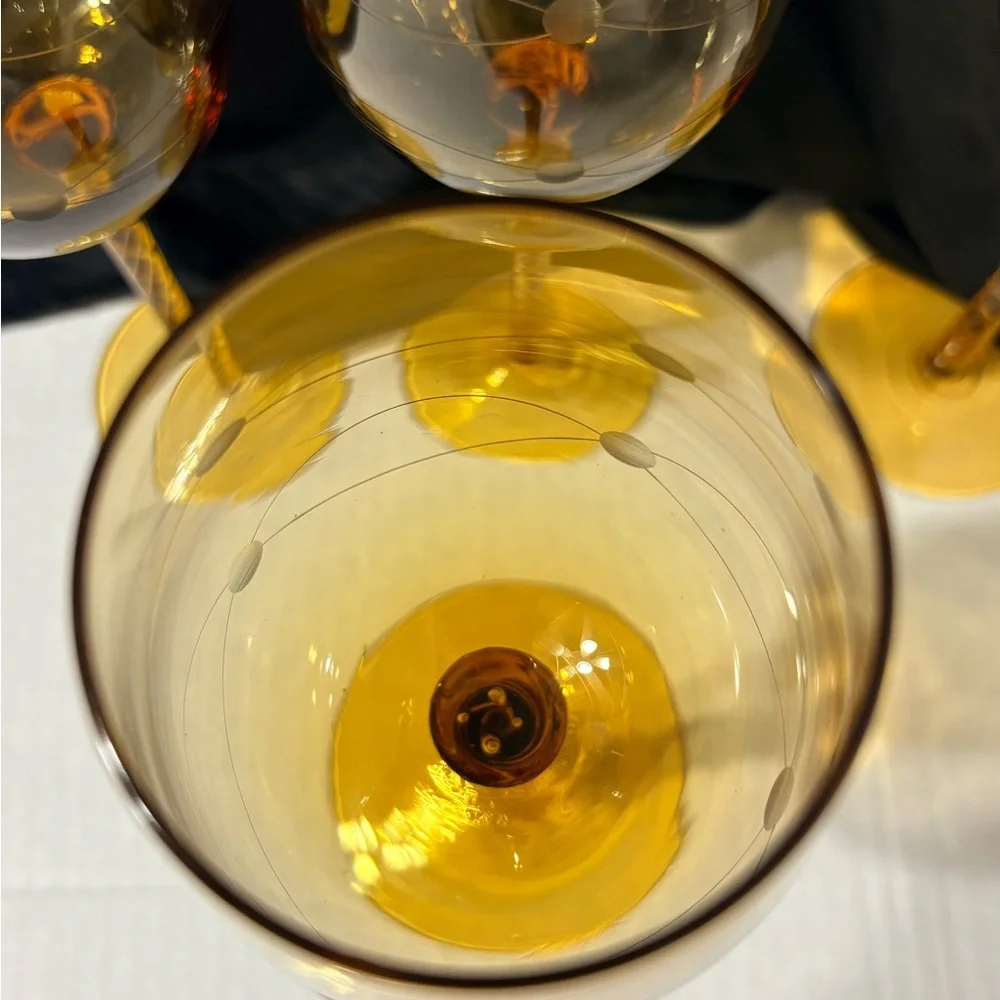 Vintage MCM Eisch Pirouette Amber Glasses, Air Twist Space Age Orbital Pattern 4